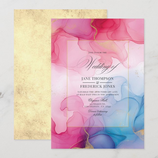 Convites Casamento com Tinta Alcoólica Rosa, Azul e Dourado (Frente/Verso)