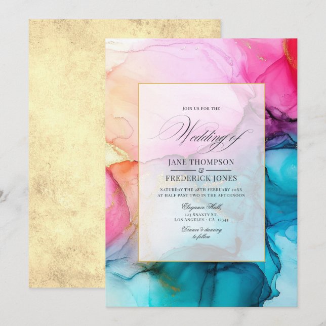 Convites Casamento com Tinta Alcoólica Rosa-Intenso, Azul e (Frente/Verso)