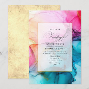 Convites Casamento com Tinta Alcoólica Rosa-Intenso, Azul e