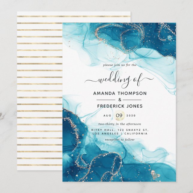Convites Casamento com Tinta Alcoólica Turquesa e Dourado (Frente/Verso)