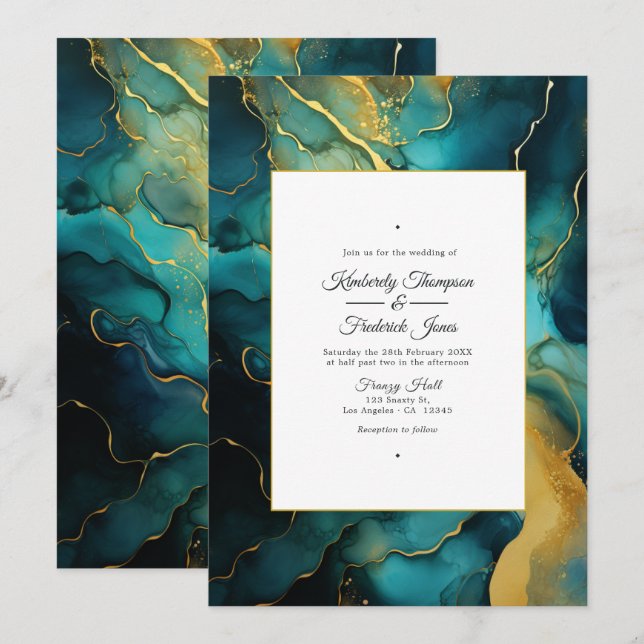 Convites Casamento com Tinta Alcoólica Verde Azul e Dourado (Frente/Verso)