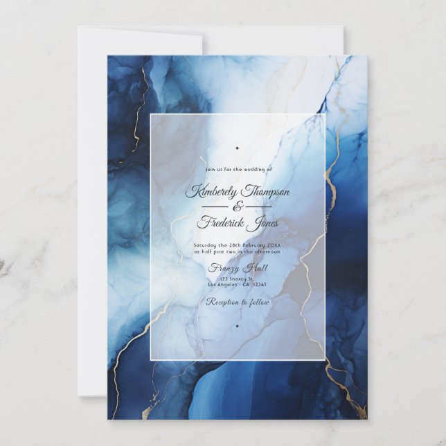 Convites Casamento com Tinta Azul Escuro, Prata e Branca (Frente)
