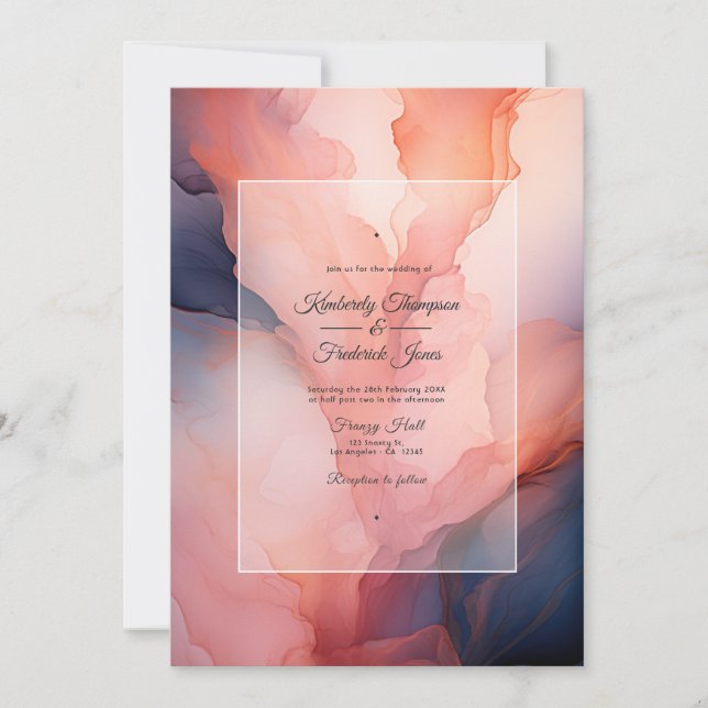 Convites Casamento com Tinta Azul Marinho e Rosa (Frente)