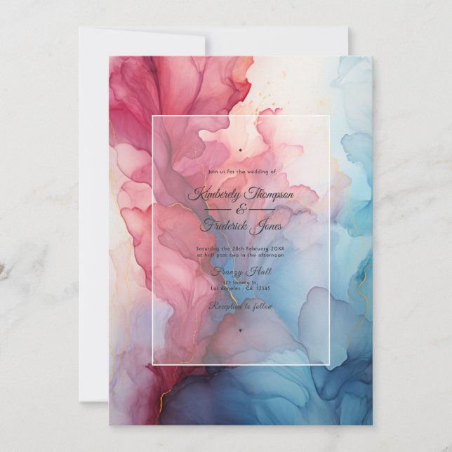 Convites Casamento com Tinta Burgundy e Azul Desbotado (Frente)