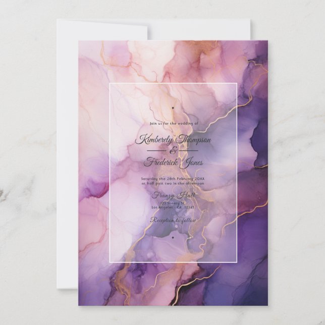 Convites Casamento com Tinta Deep Purple, Lavanda e Dourado (Frente)