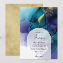 Convites Casamento com Tinta Flutuante em Roxo, Azul e Dour