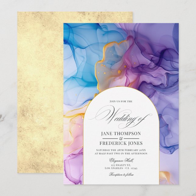 Convites Casamento com Tinta Flutuante Rosa, Azul e Dourado (Frente/Verso)