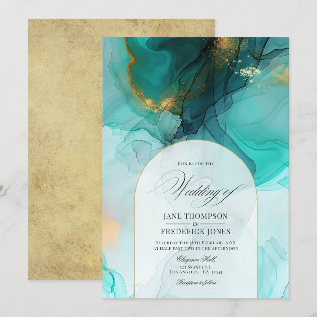 Convites Casamento com Tinta Flutuante Turquesa e Dourada E (Frente/Verso)