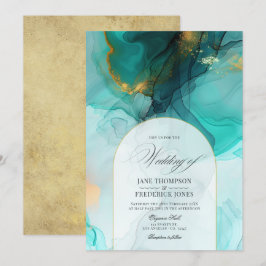 Convites Casamento com Tinta Flutuante Turquesa e Dourada E