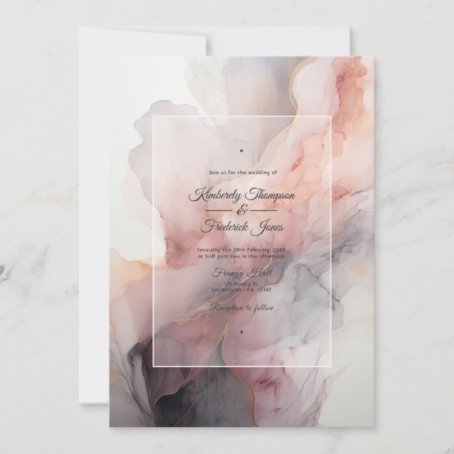 Convites Casamento com Tinta Rosa Empoeirada, Cinza e Prata (Frente)