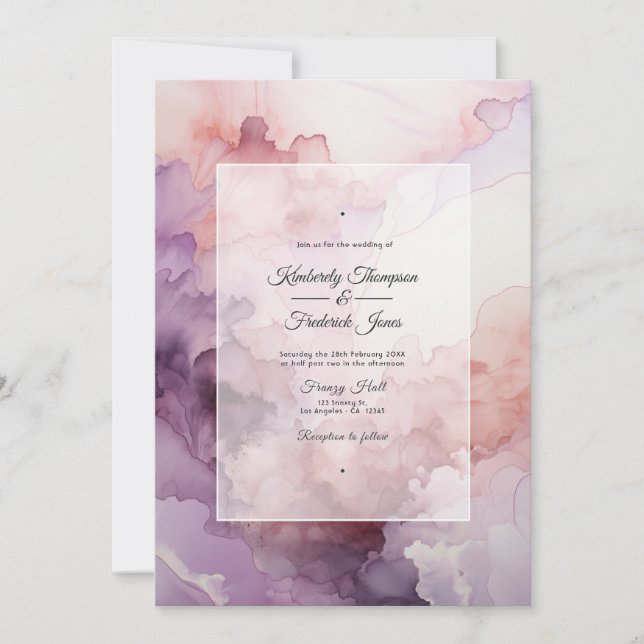Convites Casamento com Tinta Rosa Empoeirada, Lavanda e Pra (Frente)