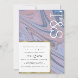 Convites Casamento com Tipografia Dourada Azul Blush Marble