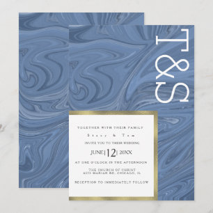 Convites Casamento com Tipografia Dourada Azul Marble