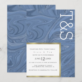 Convites Casamento com Tipografia Dourada Azul Marble Líqui