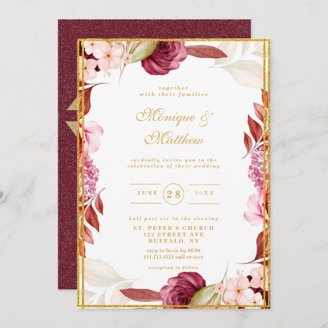 Convites Casamento com Tipografia Dourada de Peony Glitter  (Frente/Verso)