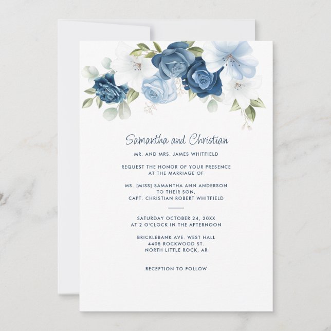 Convites Casamento com Tipografia Floral Dusty Blue Greener (Frente)