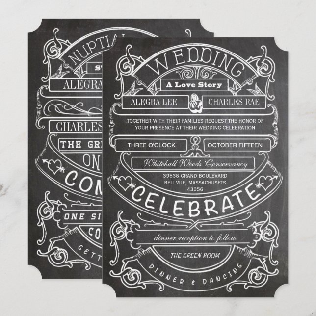 Convites Casamento com Tipografia Moderna do Chalkboard Vin (Frente/Verso)