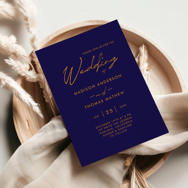 Convites Casamento com Tipografia Moderna Dourada Azul Simp (Criador carregado)