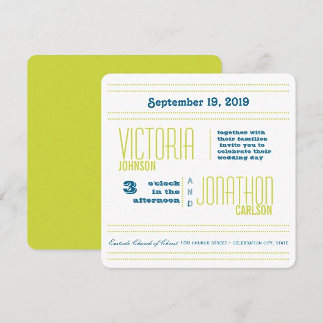 Convites Casamento com Tipografia Moderna Teal e Limão (Frente/Verso)