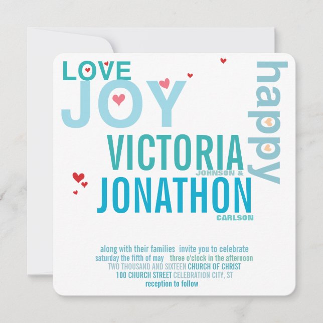 Convites Casamento com Tipografia Moderna Turquoise Aqua Re (Frente)