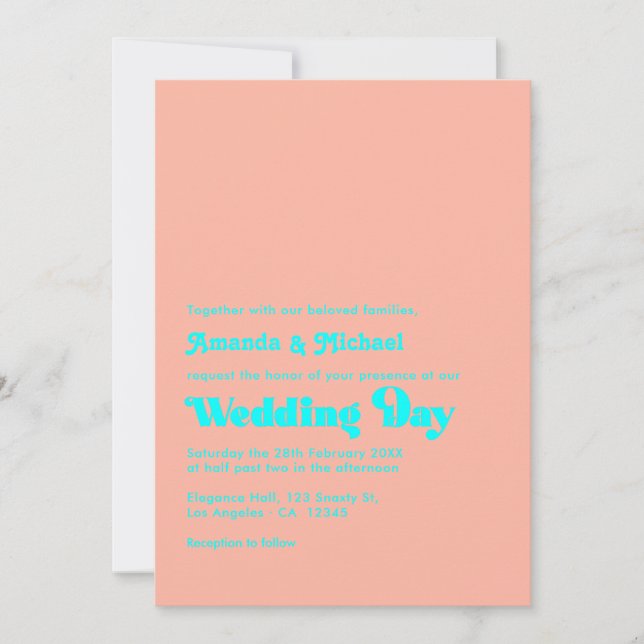 Convites Casamento com Tipografia Tropical Coral e Aqua (Frente)