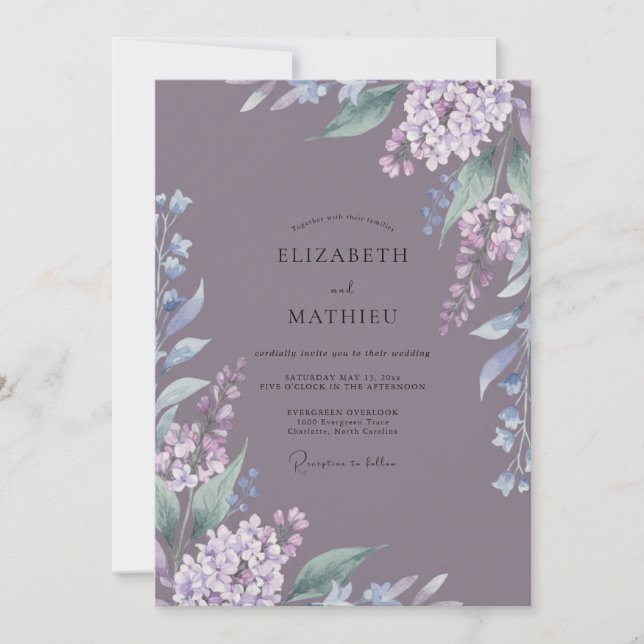 Convites Casamento com tons de Mauve e Wisteria Sujos e Sil (Frente)