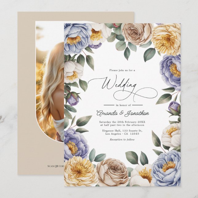 Convites Casamento com tons de Periwinkle Suave, Creme de M (Frente/Verso)