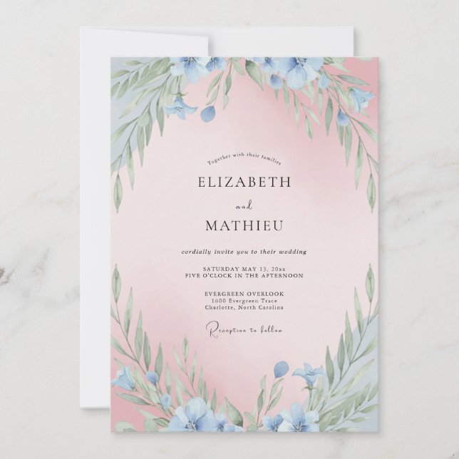 Convites Casamento com Tons de Rosa Cornflower Eucalipto (Frente)