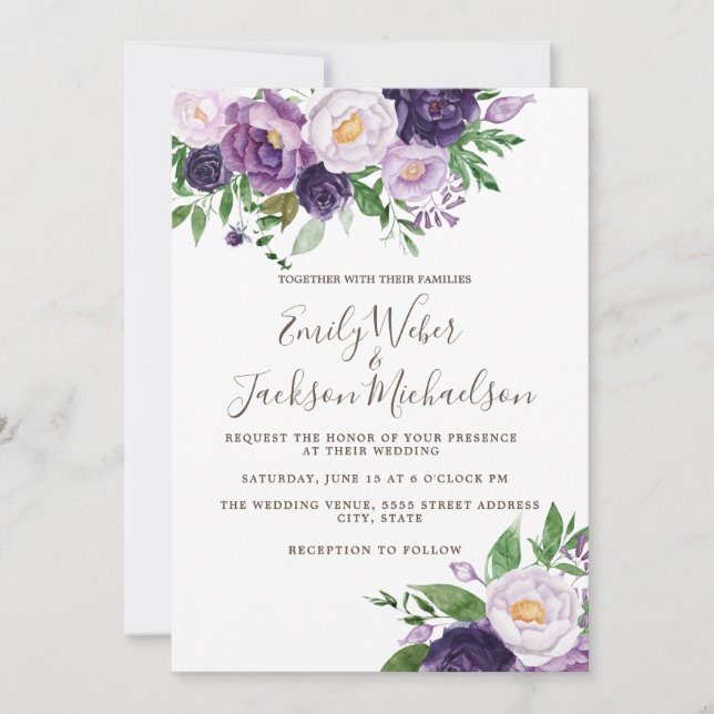 Convites Casamento com tons de Roxo Ameixa Lavanda e Verde (Frente)