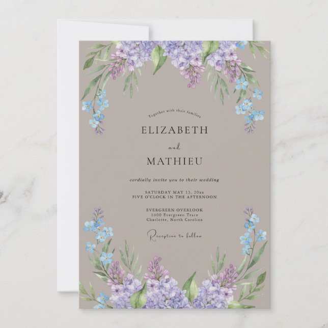 Convites Casamento com Tons de Taupe, Periwinkle e Wisteria (Frente)