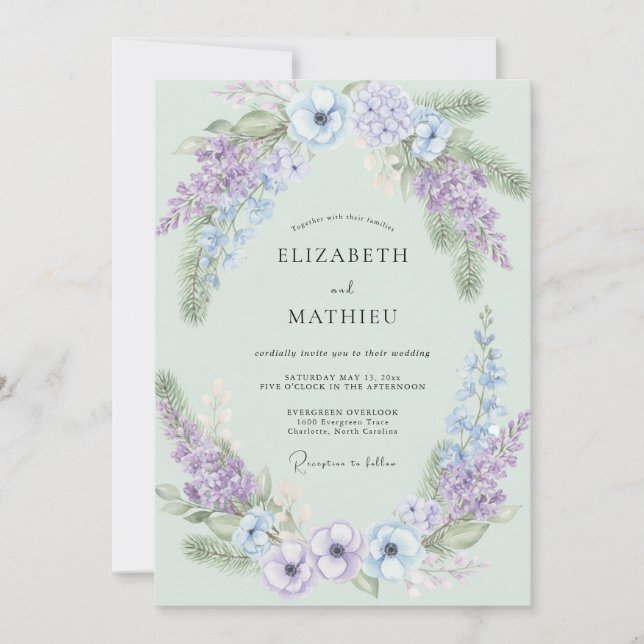 Convites Casamento com tons de Verde Água, Vinca e Wisteria (Frente)