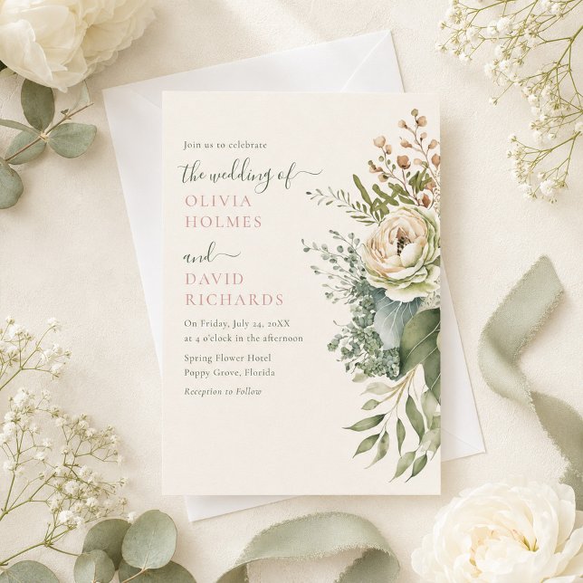 Convites Casamento com Tons de Verde Salvia e Flores Silves (Boho Sage Green and Ivory Widlflowers Wedding Invitation on a table with white flowers and ribbons)