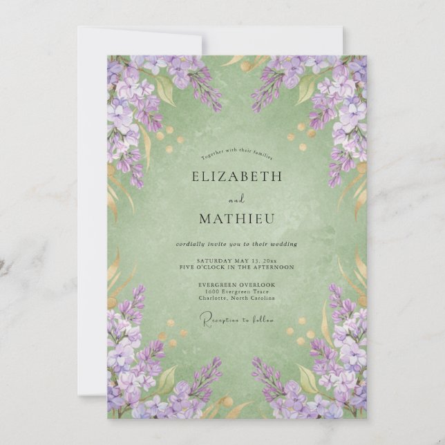 Convites Casamento com tons de Wisteria e hortelã âmbar (Frente)