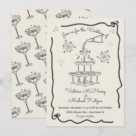 Convites Casamento com torre de Champanhe desenhada à mão