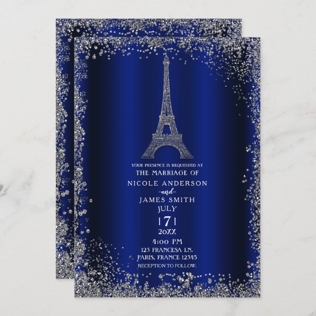 Convites Casamento com Torre Eiffel Real Blue Silver Glitte (Frente/Verso)