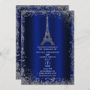 Convites Casamento com Torre Eiffel Real Blue Silver Glitte