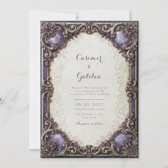 Convites Casamento com Trabalho de Rolo em Dourado e Ametis (Frente)