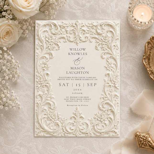 Convites Casamento com Trabalhos em Rolo Barroco Elegante V (Elegant Baroque Vintage Scrollwork Wedding Invitation)
