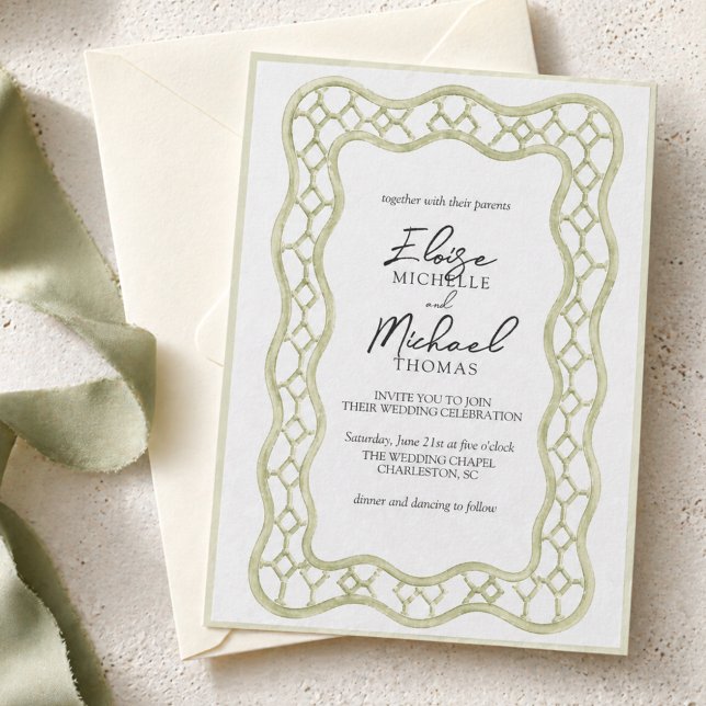 Convites Casamento com Treliça Verde Sálvia Francesa (Sage Green French Trellis Wedding Invitation)