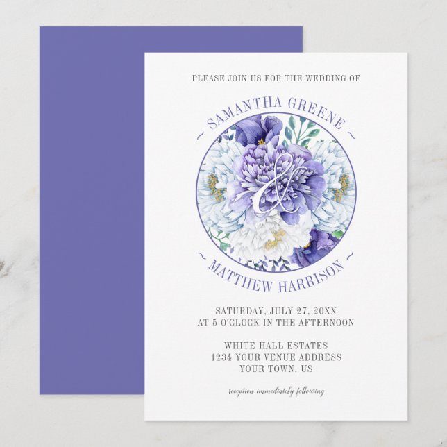 Convites Casamento com Typografia de Poppies Brancos Roxos (Frente/Verso)