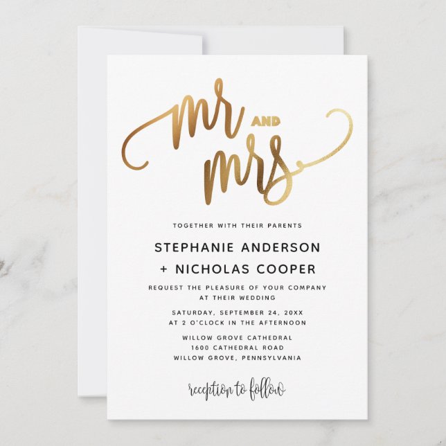 Convites Casamento com Typografia Dourado Lovely Script (Frente)