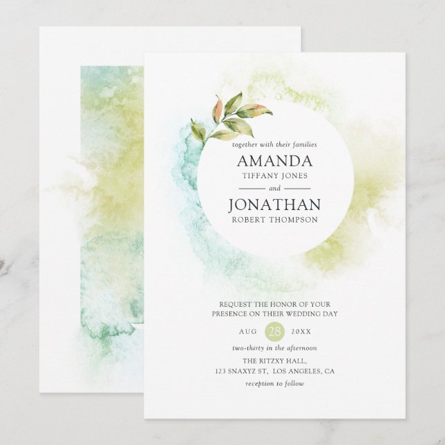 Convites Casamento com Vegetação em Aquarela (Frente/Verso)