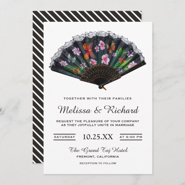 Convites Casamento com Ventilador Japonês Elegante (Frente/Verso)