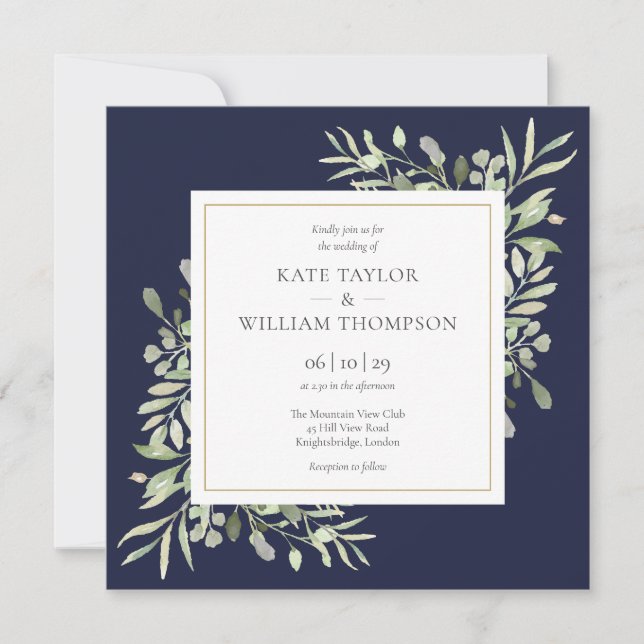 Convites Casamento com Verde Água Marinho em Aquarela (Frente)