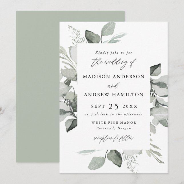 Convites Casamento com Verde de Eucalipto (Frente/Verso)