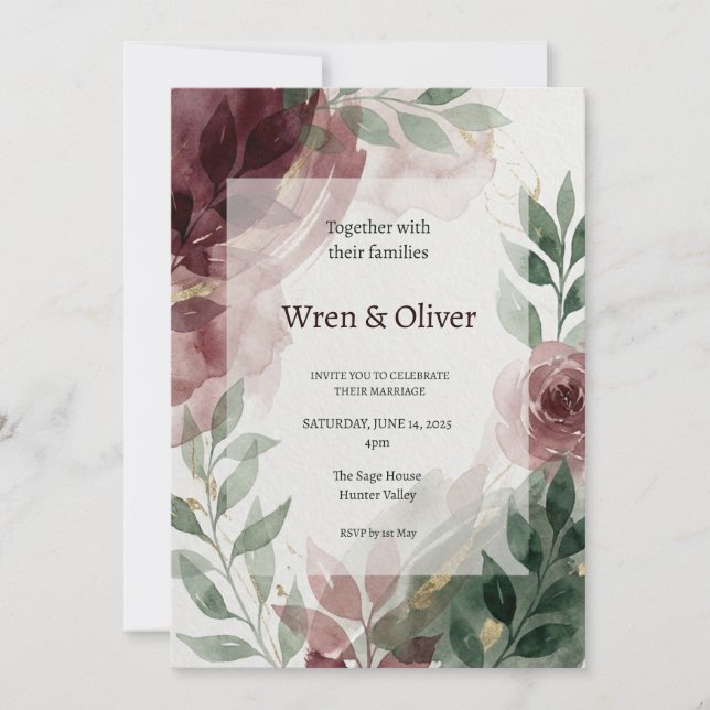 Convites Casamento com Verde e Borgonha (Frente)