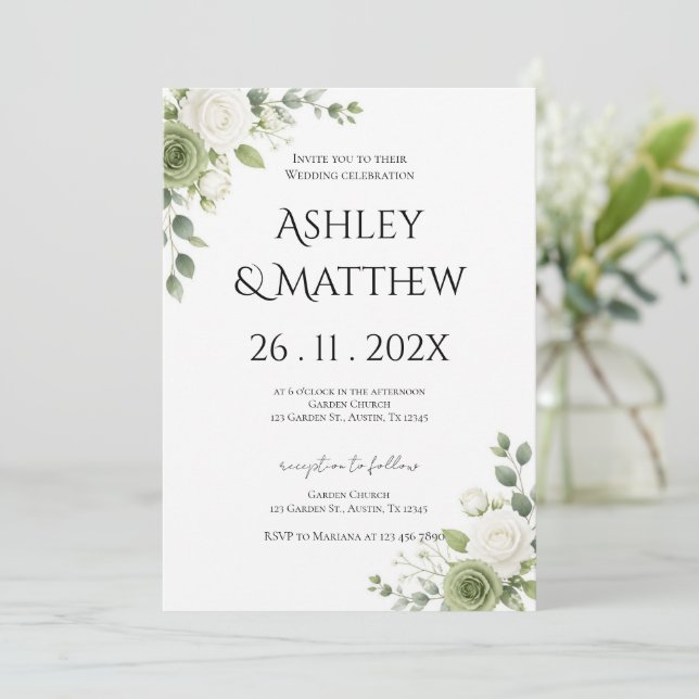 Convites Casamento com verde e flores brancas (Em pé/Frente)