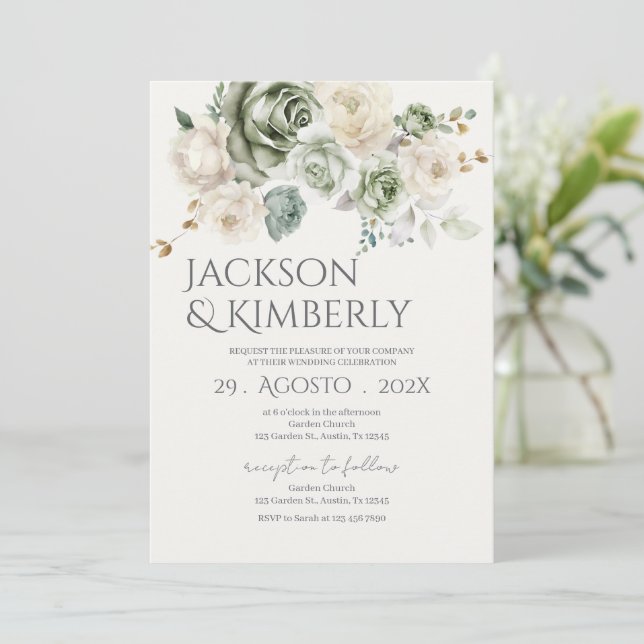 Convites Casamento com verde e flores brancas (Em pé/Frente)