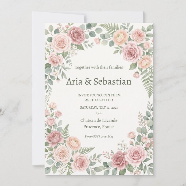 Convites Casamento com Verde e Rosa Cor-de-Rosa (Frente)