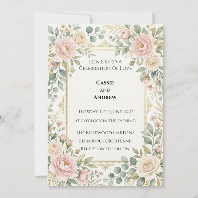 Convites Casamento com Verde e Rosa Cor-de-Rosa (Frente)